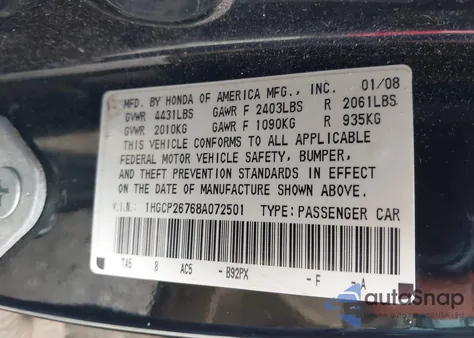 2008 Honda Accord 2.4 Ex из США, поврежденный, VIN 1HGCP26768A072501